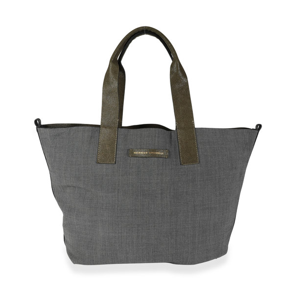 Brunello Cucinelli Olive Suede & Gray Wool Reversible Tote - Picture 1 of 7